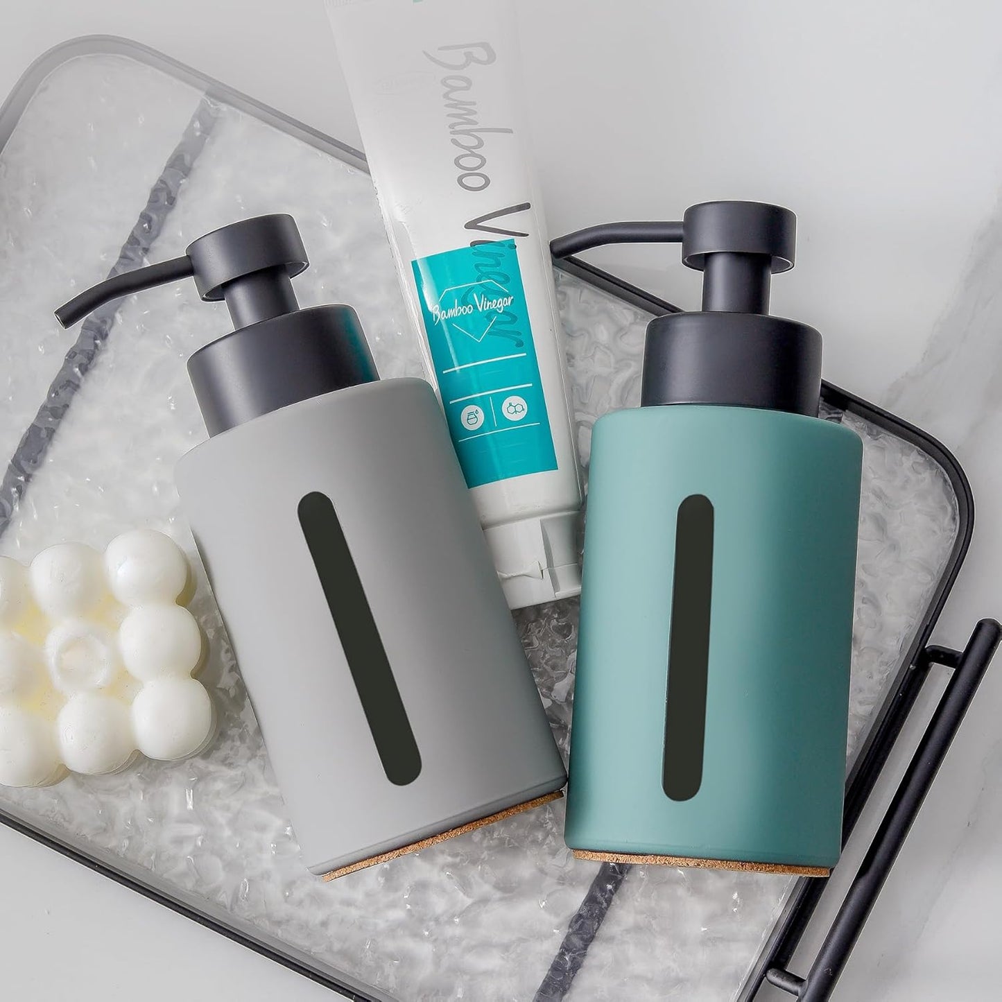 Enra Foaming Soap Dispenser with Clear Window,12oz Bathroom Soap Dispenser with Stainless Steel Pump, Modern Thick Glass Refillable Pump Bottle for Bathroom Kitchen(Light Gray Foam Dispenser)