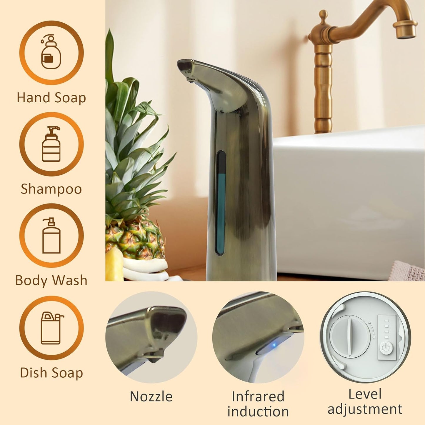 Automatic Liquid Soap Dispenser Touchless,400ML Modern Dish Soap Dispenser with Sensor,4 Gear Adjustable Battery Operated Waterproof Hand Sanitizer Dispenser for Bathroom,Kitchen