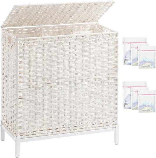 Laundry Hamper with Lid 132 L, (35 Gallons) Clothes Hamper with Lid, Handwoven Rattan Laundry Hamper with Metal Heightened Feet, Laundry Hampers with 3 Removable Liner Bags for Laundry-White