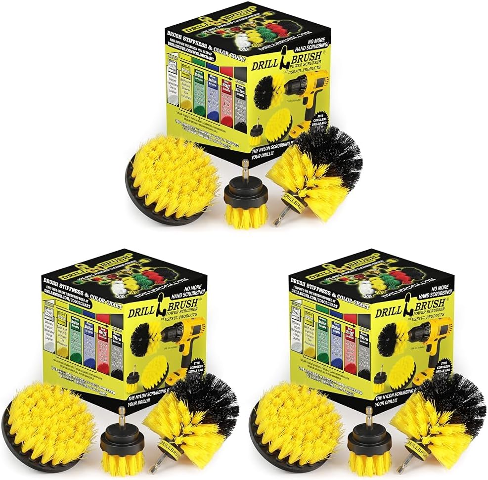 Drillbrush Bathroom Surfaces Tub, Shower, Tile & Grout All-Purpose Power Scrubber Cleaning Kit - 3 Count Nylon Bristle Drill Brushes - Yellow