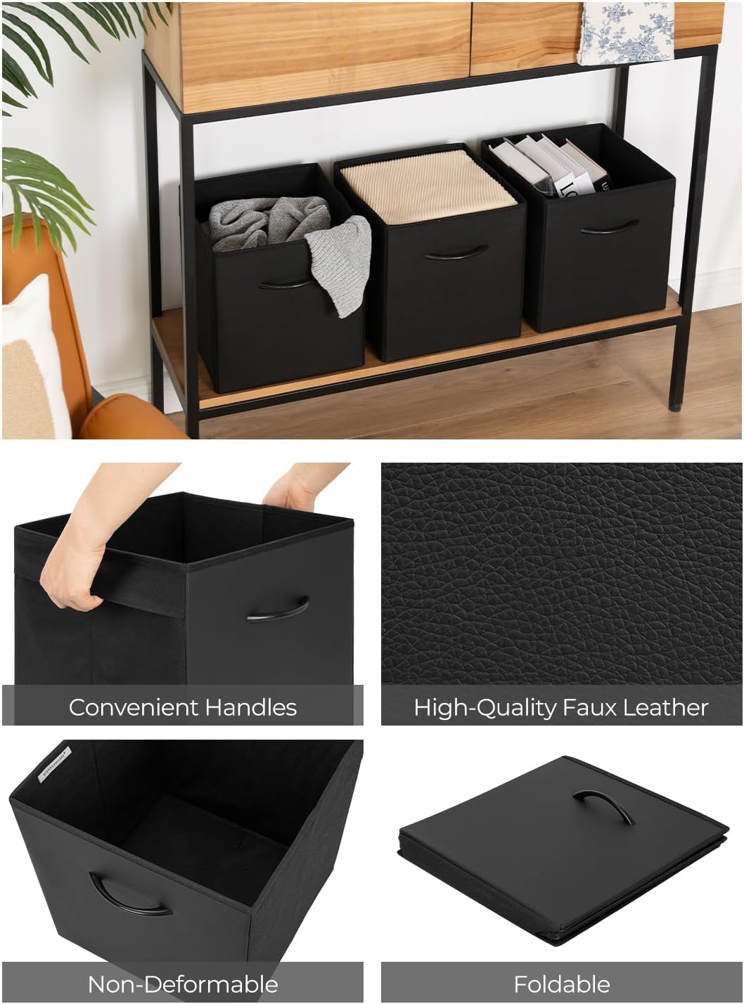 StorageWorks Black Storage Cubes, 11-inch Leather Bins with Handle, Cube Organizer Baskets for Shelves and Closet, Collapsible Storage Bins, 4-Pack