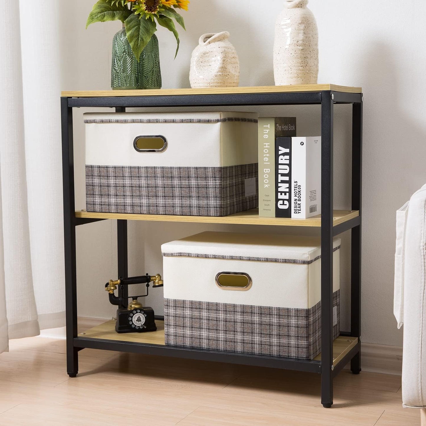 PRANDOM Large Collapsible Storage Bins with Lids [3-Pack] Fabric Foldable Storage Boxes Organizer Containers Baskets Cube with Cover for Home Bedroom Closet Office Gray plaid & Cream(17.7x11.8x11.8)