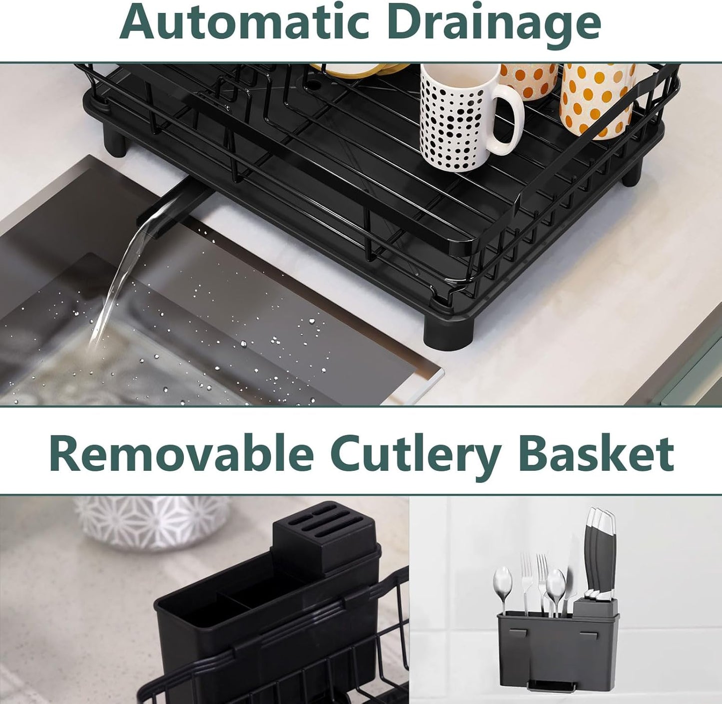 Iron Dish Drying Rack with Drainboard Dish Drainers for Kitchen Counter Extendable Spout Strainers with Utensil Holder and Knife Slots, Black