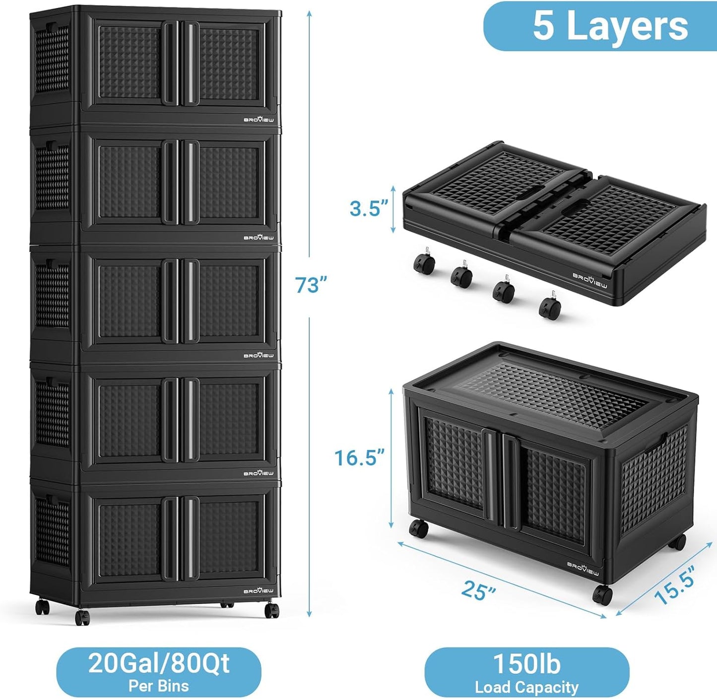 BROVIEW 500 Qt Stackable Storage Bins with Lids & Doors, 5 Pack Plastic Closet Organizer and Storage Drawers with Wheels, Large Collapsible Storage Boxes, Cabinet for Home, Office, V10, Black
