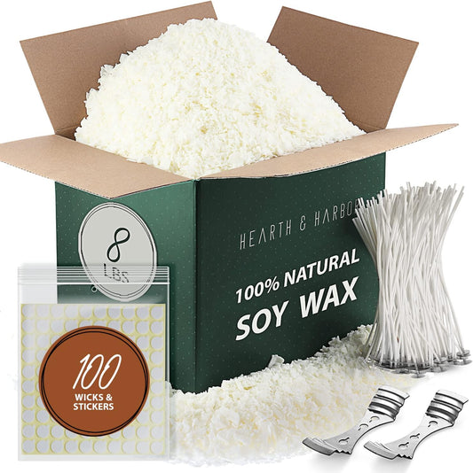 Hearth & Harbor Soy Candle Wax for Candle Making - Natural Soy Wax for Candle Making 8 lb Bag, Premium Soy Wax Flakes, 100 Cotton Candle Wicks, 100 Wick Stickers, & 2 Centering Devices