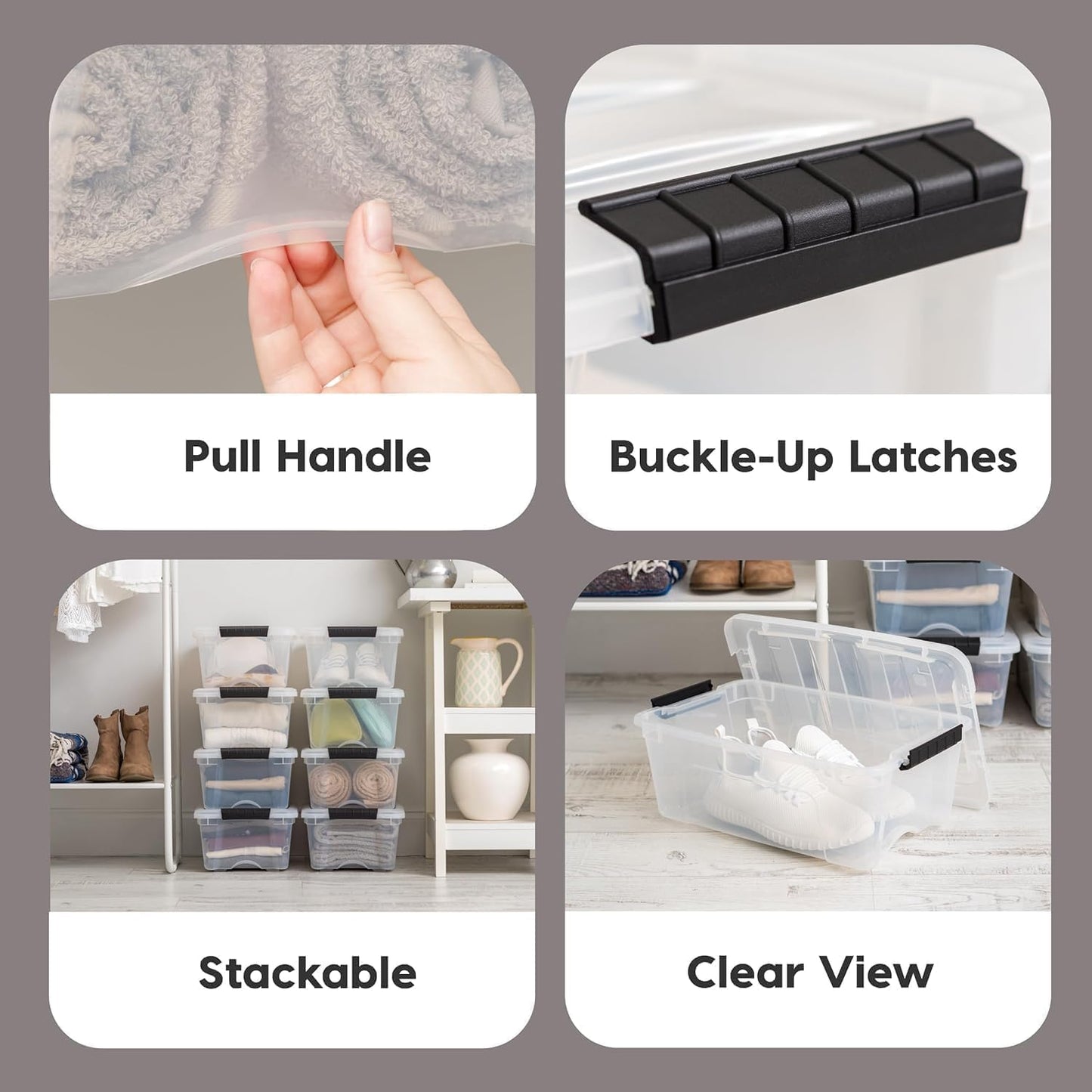 IRIS USA 4-Pack Storage Bins with Lids, 13 Quart, Made in USA Stackable See-Through Organizing Solution Latches Durable Nestable Containers Secure Pull Handle, BPA-Free Plastic