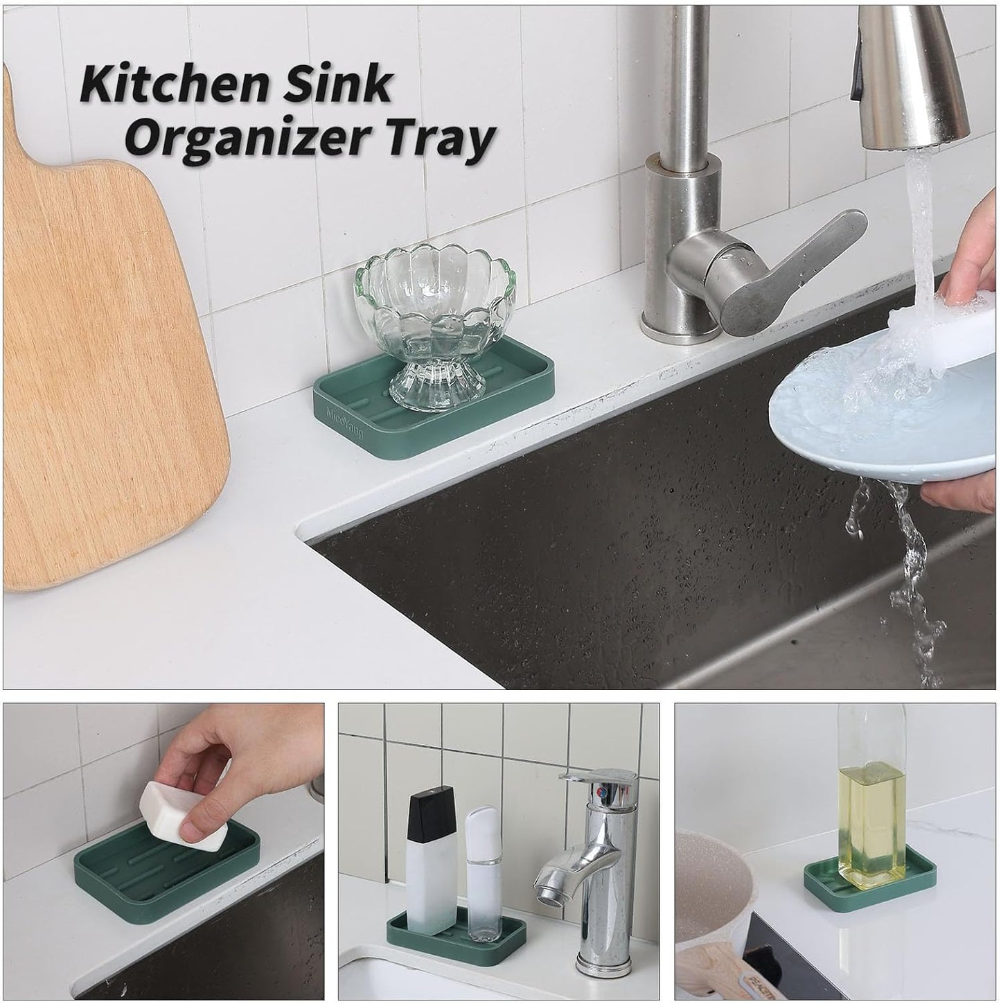 Silicone Kitchen Sink Organizer Tray for Multiple Usage,Easy Clean Sponges Holder for Kitchen Bathroom Counter or Sink,Dish Soap Dispenser,Scrubber,Bottle,Cup Green 4.9”x 3.2”