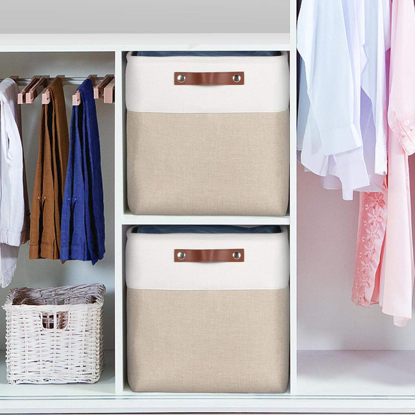 Univivi 12x12 Storage Cube Bins set of 4 Cube Organizer with Handles|Hard Bottom Fabric Closet Storage Organizer Baskets for Shelves (Khaki)