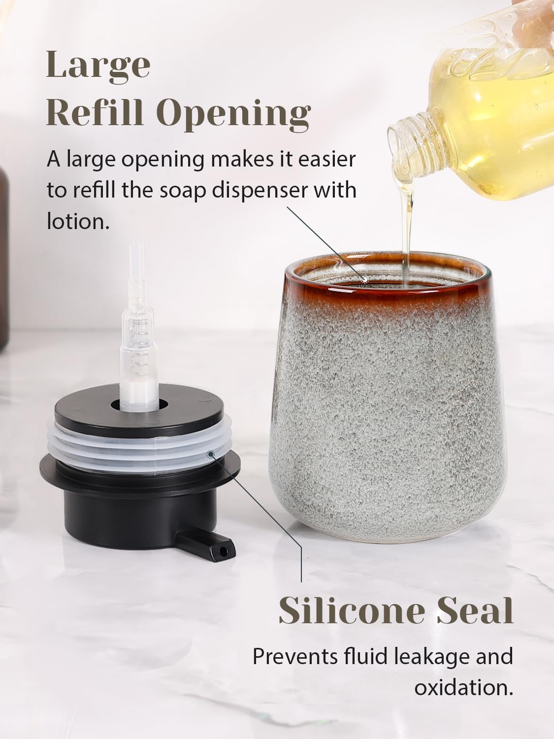 INGOFIN Ceramic Lotion Dispenser - 12 oz Refillable Hand Soap Dispenser Bathroom, Modern Liquid Dispenser with Pump, Dish Soap Dispenser for Kitchen, Kiln-Glazed