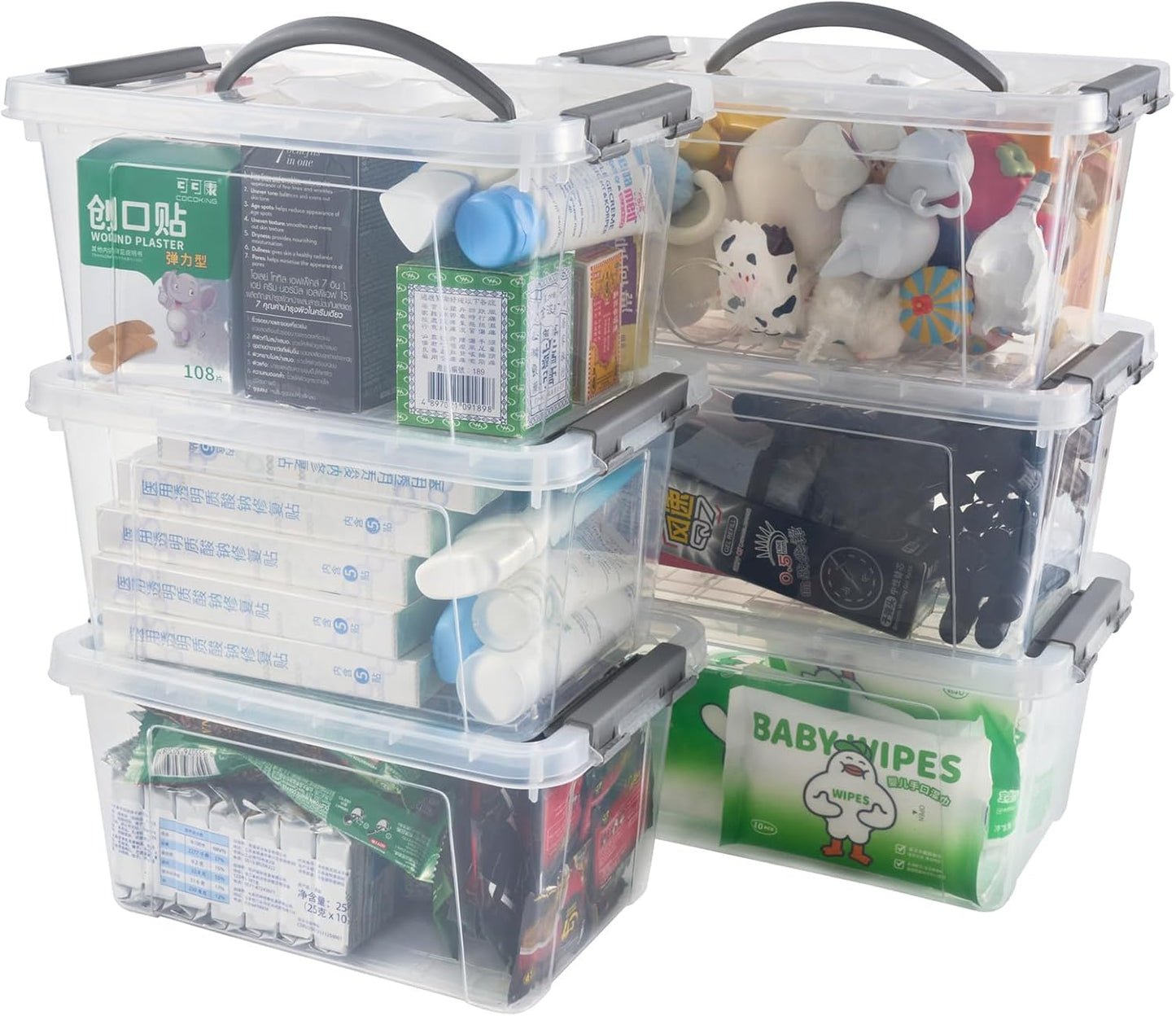 6 Quart Plastic Stackable Storage Latch Bins,Clear Latching Box with Handle and Lid,Pack of 6 (Grey Handle)