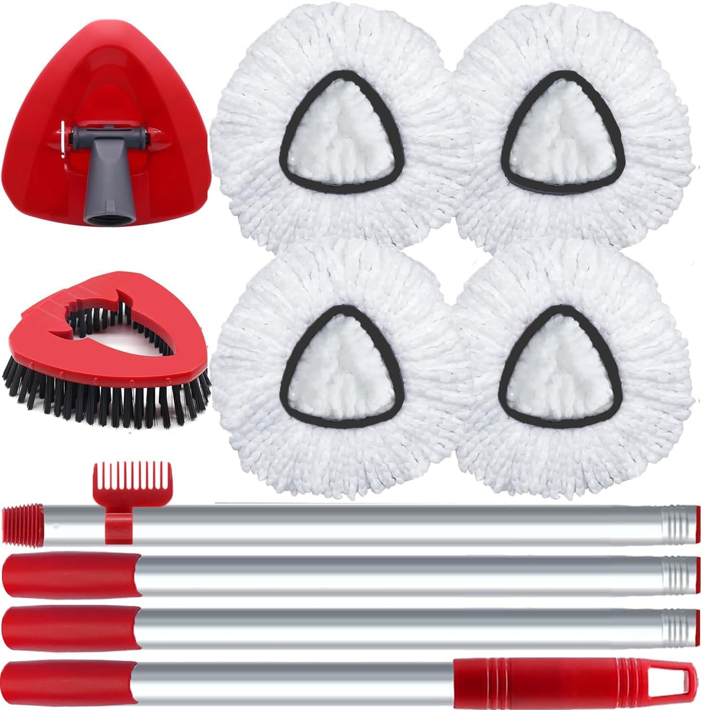 Spin Mop Head and Brush Replacement Compatible with O Cedar EasyWring 1-Tank System, 4 Mop Replace Heads, 1 Handle, 1 Base and 1 Scrub Brush Combo Set