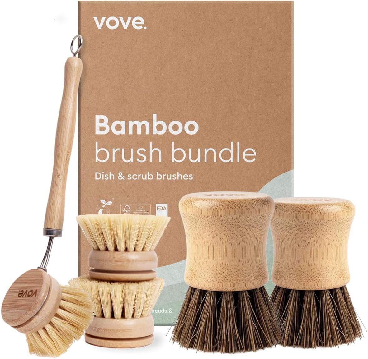 Vove Dish Brush Bundle - FSC-Certified Bamboo Dish Brush & Scrub Brush, 3 Replacement Heads - Natural Fiber Bristles - Non-Toxic, Plastic-Free Kitchen Set