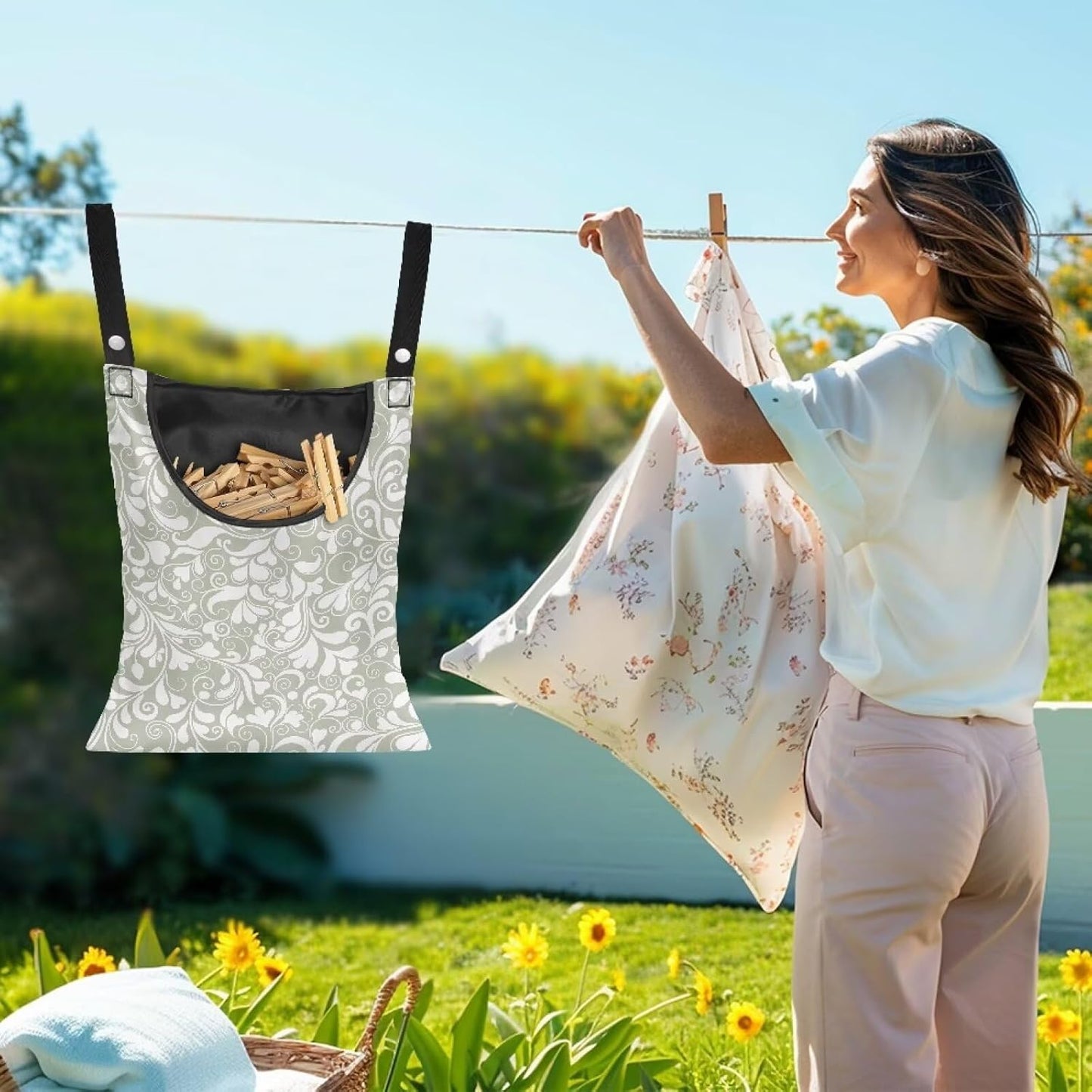 Large Clothespin Storage Bag 14.5"x12" with Oversized Opening - Heart Shape Floral Print Green Heavy Duty Polyester Hanging Organizer for Outdoor Clotheslines with Secure Snap Closure