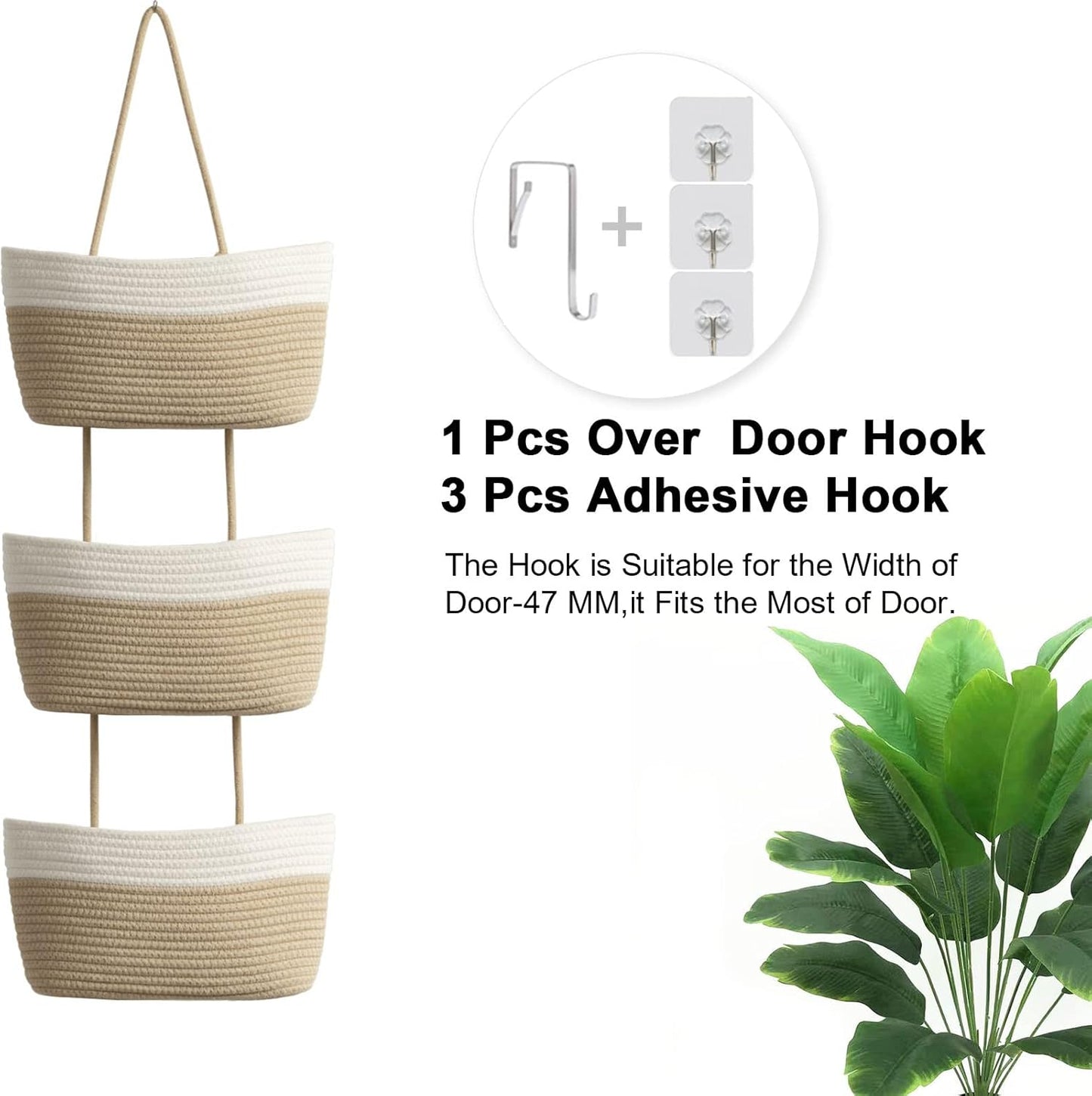 TeoKJ Over the Door Hanging Basket, 3-Tier Woven Cotton Wall-Mounted Storage Organizer Bag Decorative Hanging Kitchen Baskets - White + Jute