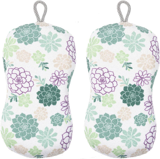 MÜkitchen Premium Microfiber Sponge Set for Dishes and Cleaning, 2 Pack, Printed (Succulents)