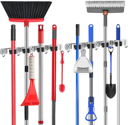 nacena Broom holder Wall Mount, 2-Pack Silver Stainless Steel Self-Adhesive Mop and Broom Hooks Heavy Duty Broom and Mop Storage Rack laundry room organization for Kitchen Garden garage