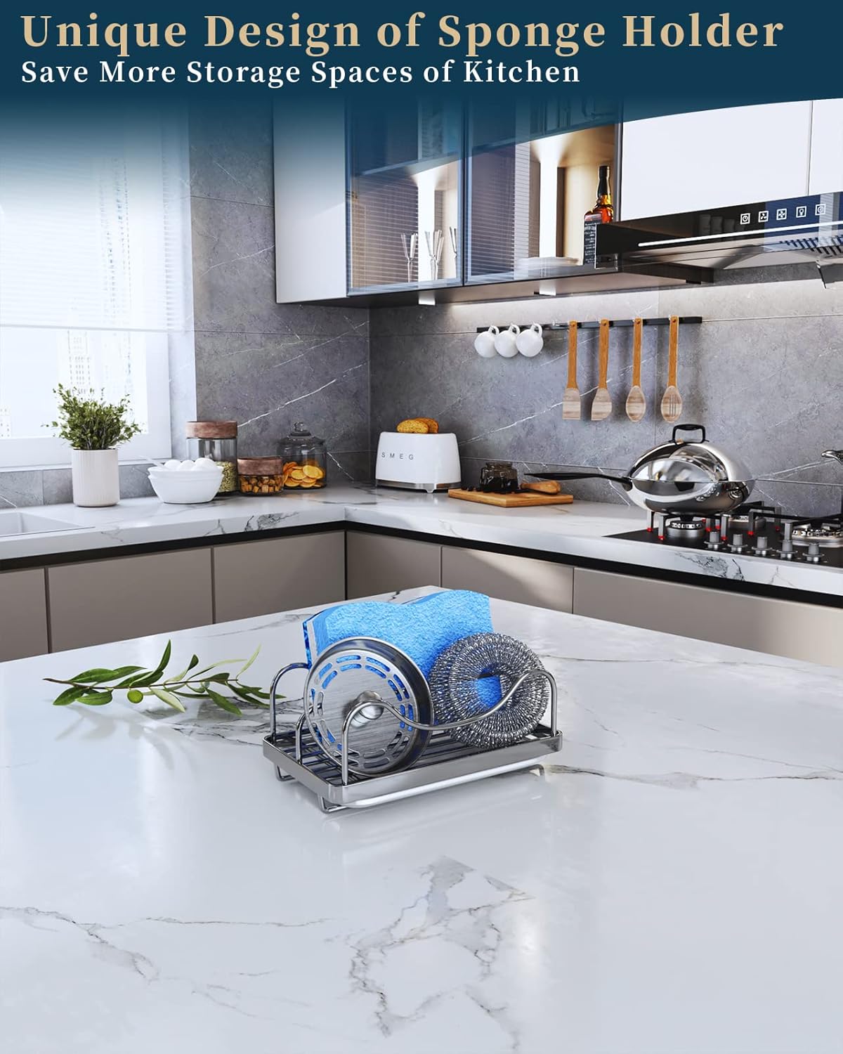 Consumest Sponge Holder for Kitchen Sink - Movable Sink Caddy for Countertop Organizer, 304 Stainless Steel Sponge Holder with Detachable Drip Tray for Kitchen Accessories-Silver