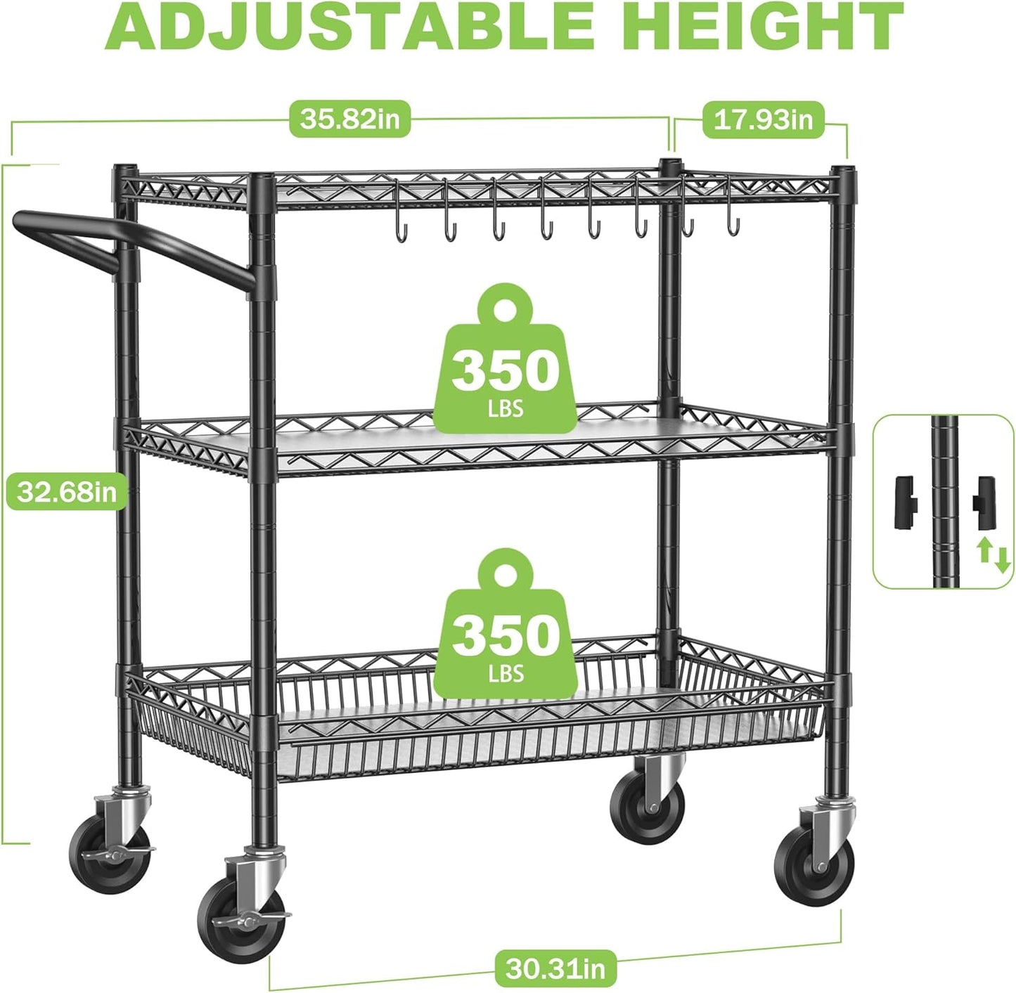 3 Tier Metal Cart with Wheels, Heavy Duty Utility Rolling Cart 1050lbs, Commercial Grade Kitchen Trolley with Handle Bar&Shelf Liner, Mobile Steel Wire Trolley for Warehouse Garage Kitchen