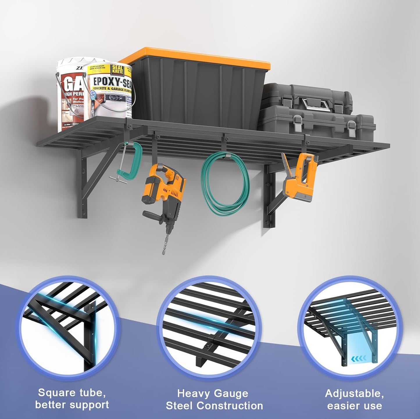 2x4ft Heavy Duty Garage Shelving, 2' x 4' Garage Wall Shelving Wall Mounted, 200LB Capacity Storage Rack with Hooks (1pack-2x4ft)