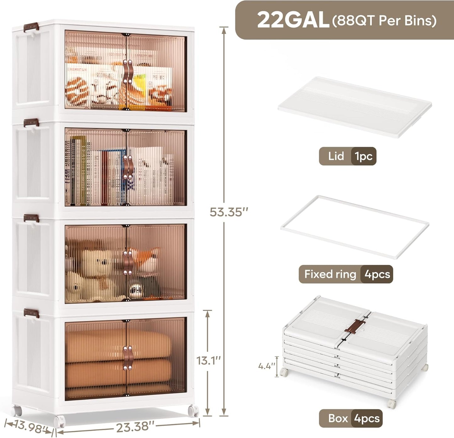 Jalove 88QT Plastic Storage Bins with lids, Stackable Collapsible Storage Containers with Wheels, Closet Organizer and Storage Drawers, Clothes Storage Cabinet for Home Office Garage, 4 Pack White