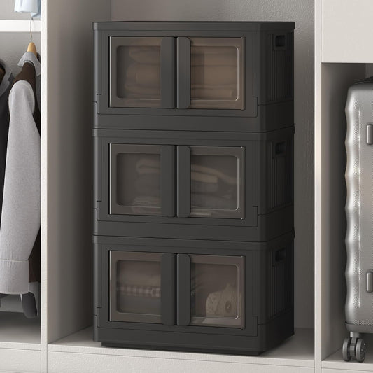 FLEXIMOUNTS 110 QT Stackable Storage Bins With Lids, Collapsible Plastic Storage Bins With Doors and Built-in Wheels For Home Dorm Closet Organizers and Storage, 3 Pack Cubes, Black