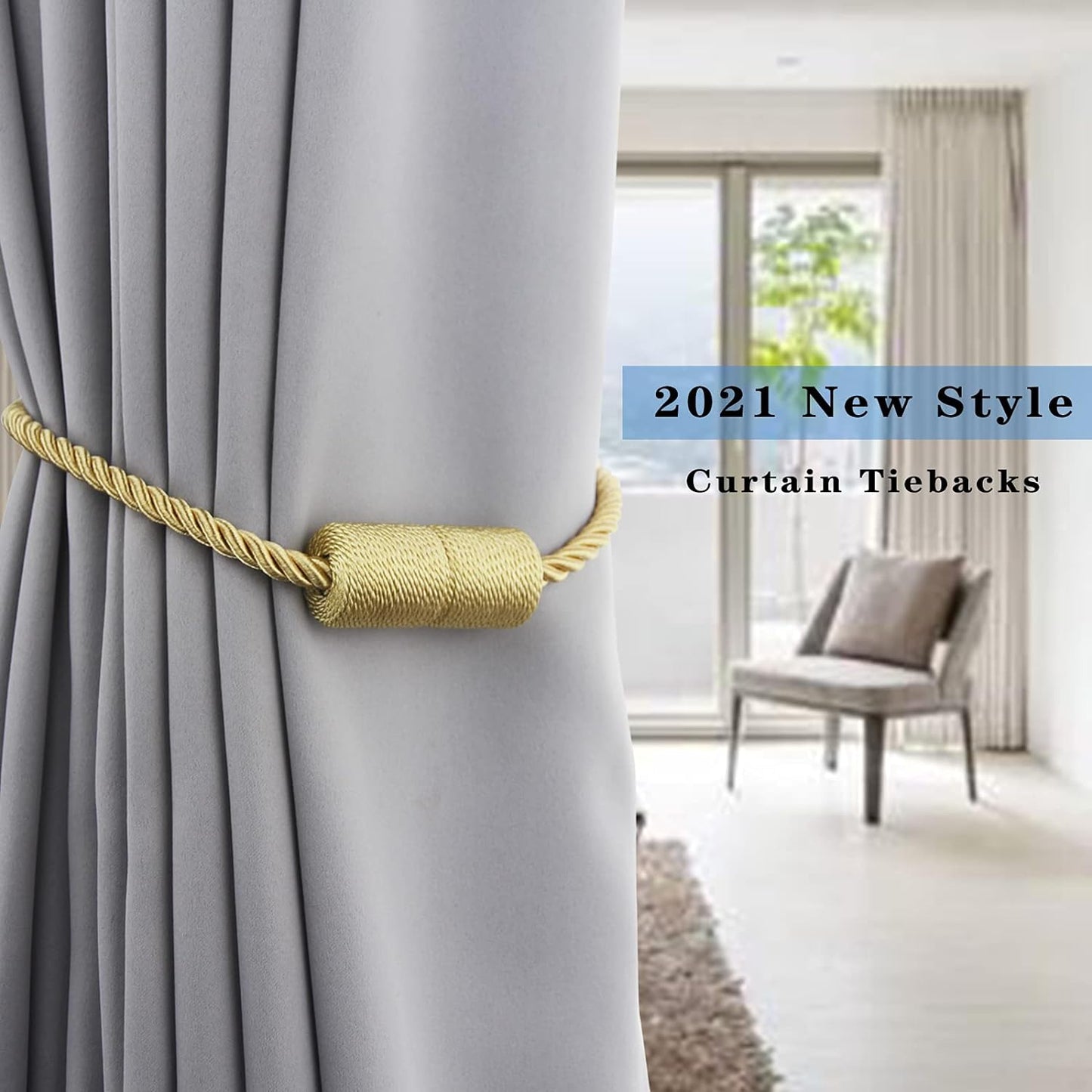 4 Pack Gold Strong Magnetic Curtain Tiebacks Outdoor Elegant Decorative Tie Backs Modern Rope Tiebacks for Drapes Window Curtain Holdbacks for Draperies