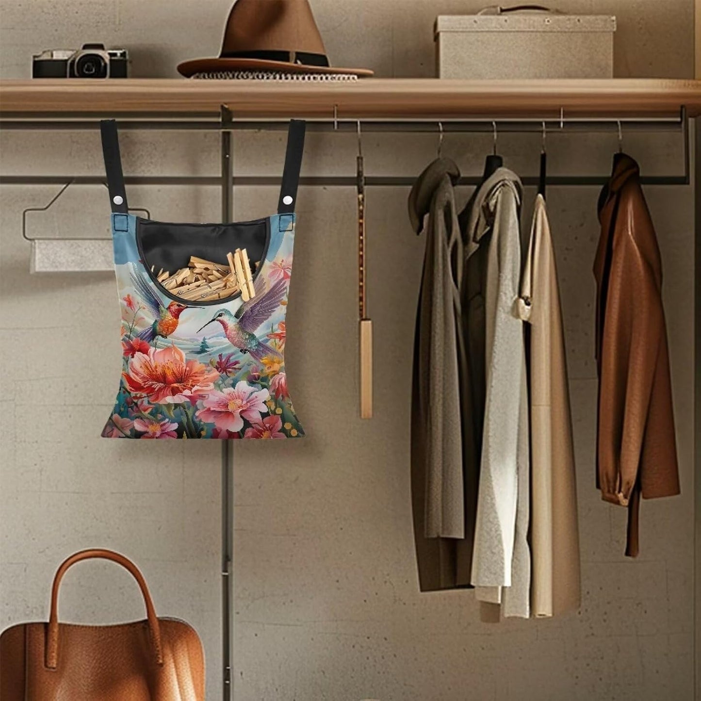 Hummingbird Hibiscu Large Capacity 14.5 x 12 Inch Clothespin Bag with Hanging Hook Waterproof Clothes Pin Hanging Bags Clothespin Storage Organizer with Large Opening