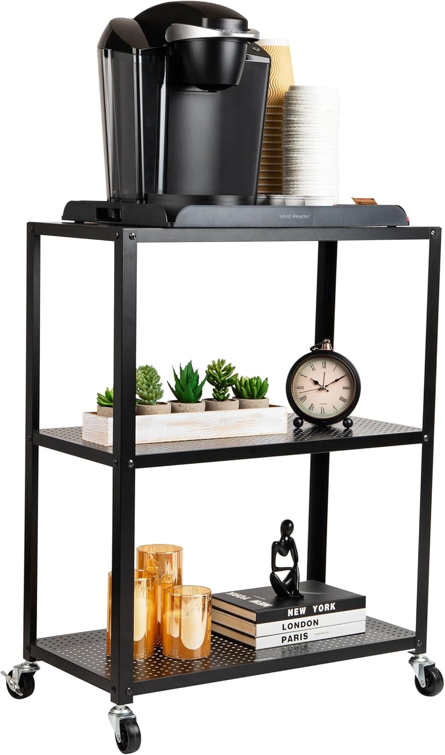 Mind Reader Rolling Cart, Rolling Cart, Microwave Stand, 3-Tier, Coffee Cart, Office, Metal, 23" L x 12" W x 30" H, Black