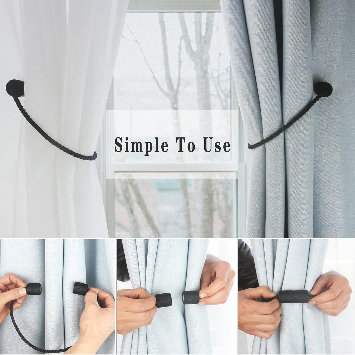Magnetic Curtain Tiebacks 6 Pack Black Curtain Rope Tieback Curtain Holders for Drapes Modern Tie Backs Decorative Curtain Holdbacks