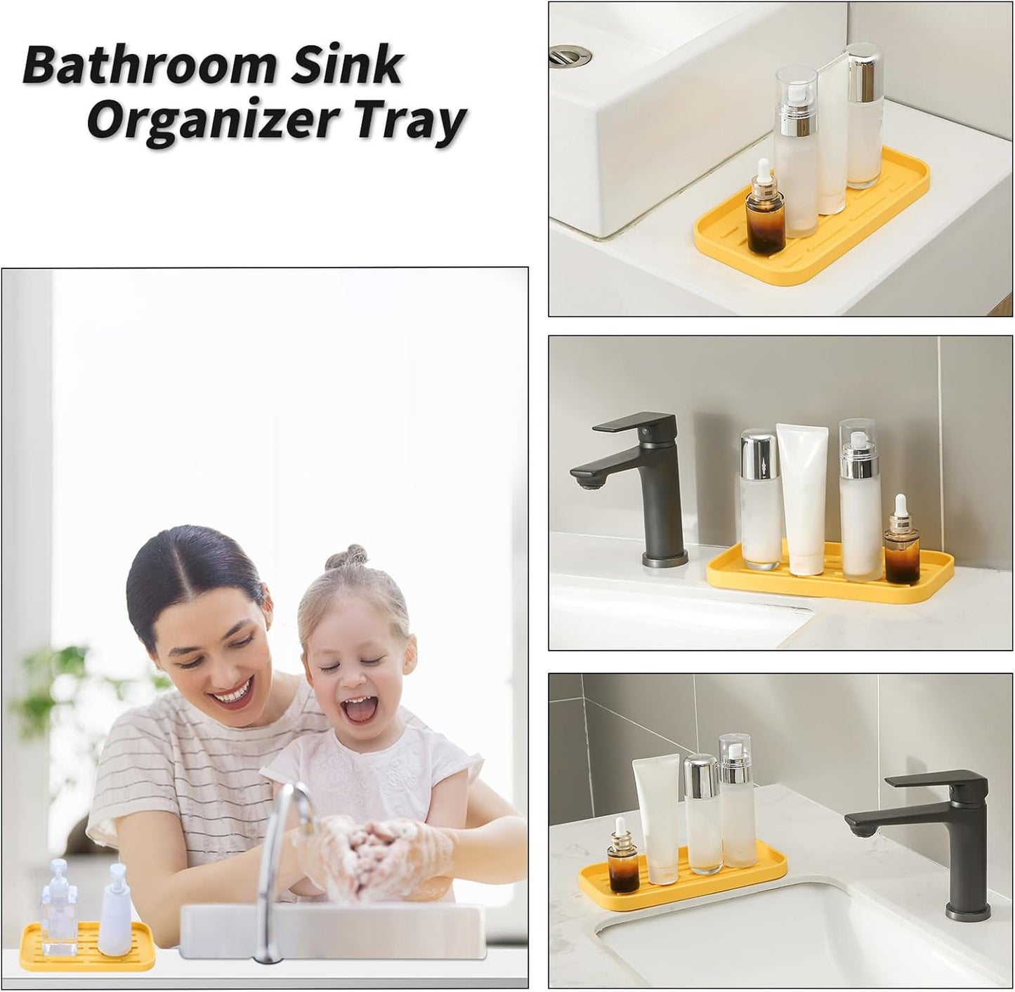 Silicone Kitchen Sink Organizer Tray for Multiple Usage,Easy Clean,Eco-Friendly Sponges Holder for Kitchen Bathroom Counter or Sink,Dish Soap Dispenser,Scrubber,Bottle,Cup Yellow 10”x 5.3”