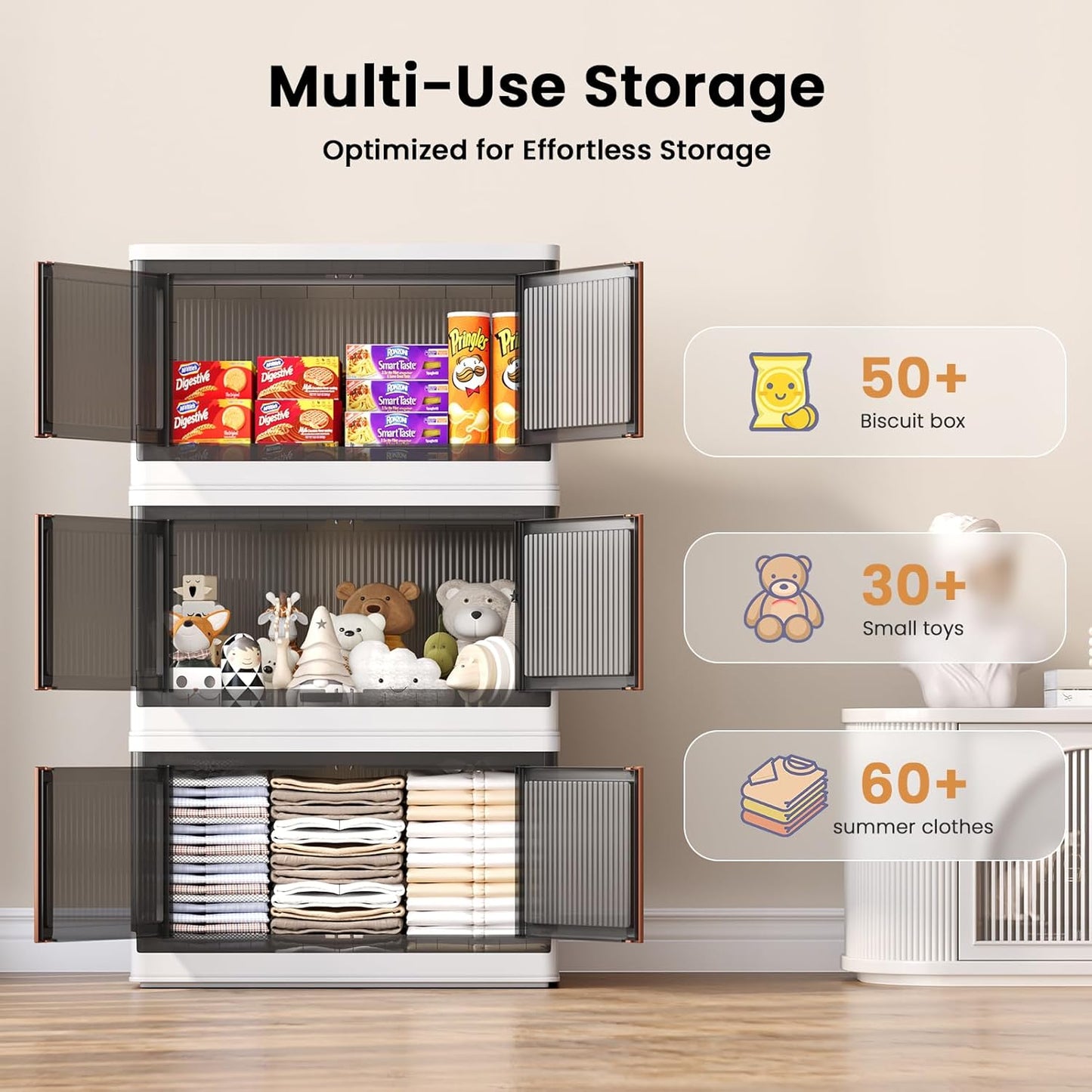 19Gal Collapsible Storage Bins with Lids & Wheels - 3 Pack Stackable with Doors, Heavy-Duty Plastic Containers for Home/Office, White