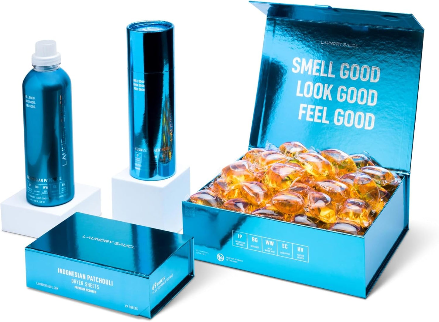 Laundry Sauce - Signature Bundle Indonesian Patchouli, Scented Laundry Detergent Pods & Scent Booster, Fabric Softener, Dryer Sheets, Fabric Protection, Essential Oils, Long Lasting Luxury Fragrance