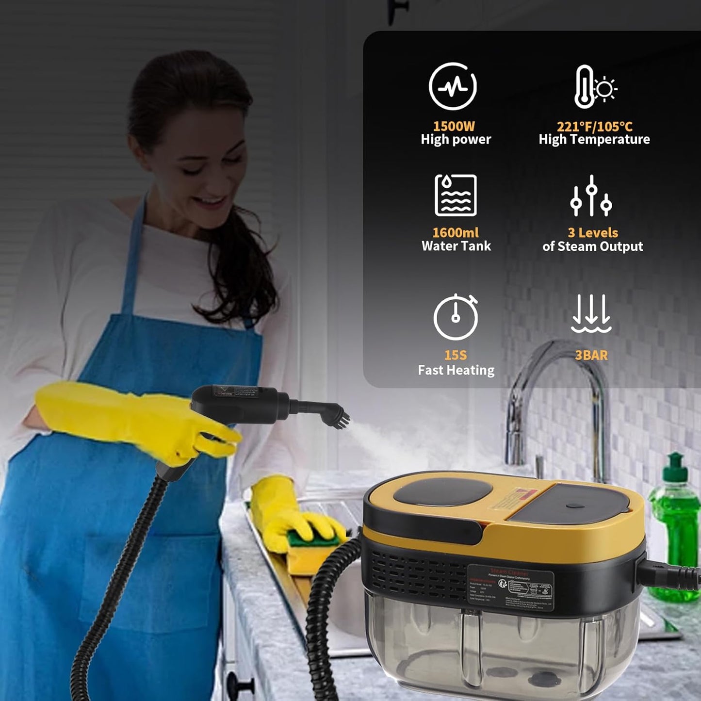 Steam Cleaner, 3-Level Adjustable Handle, 15s Heat-Up, 1.69 Quarts Tank, Portable Steamer for Cleaning with 10 Accessories, Steam Cleaner for Home for Dirt (Yellow)