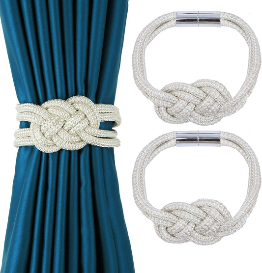 2 Pack Magnetic Curtain Tiebacks, Hand Weave Rope Knot Decorative Curtain Holdbacks for Home & Office Thin Window Drapery (Beige,2P)