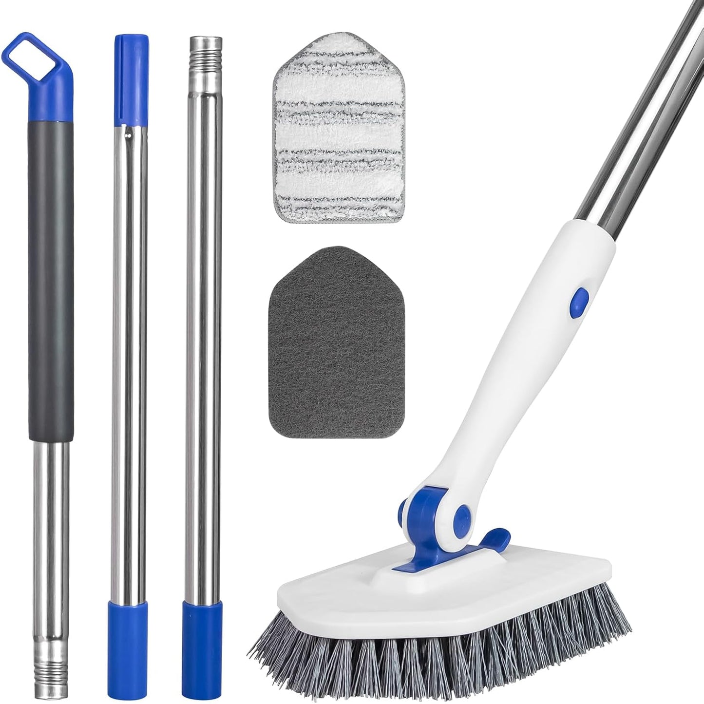 Tile Tub Scrubber Brush with 52-inch Adjustable Long Handle 3-in-1 Rotatable Shower Brush for Cleaning，3 Different Replacement Brush Heads for Cleaning Tub Tile Bathroom Kitchen Walls ，Blue