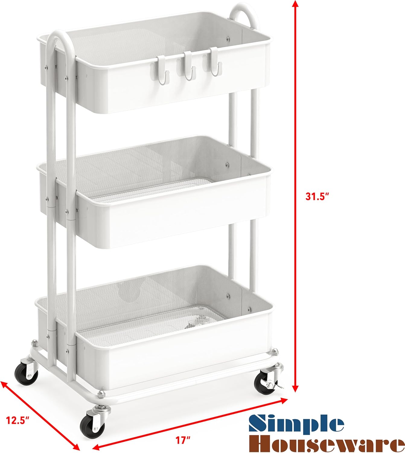 Simple Houseware 3-Tier Heavy Duty Metal Utility Rolling Cart, White