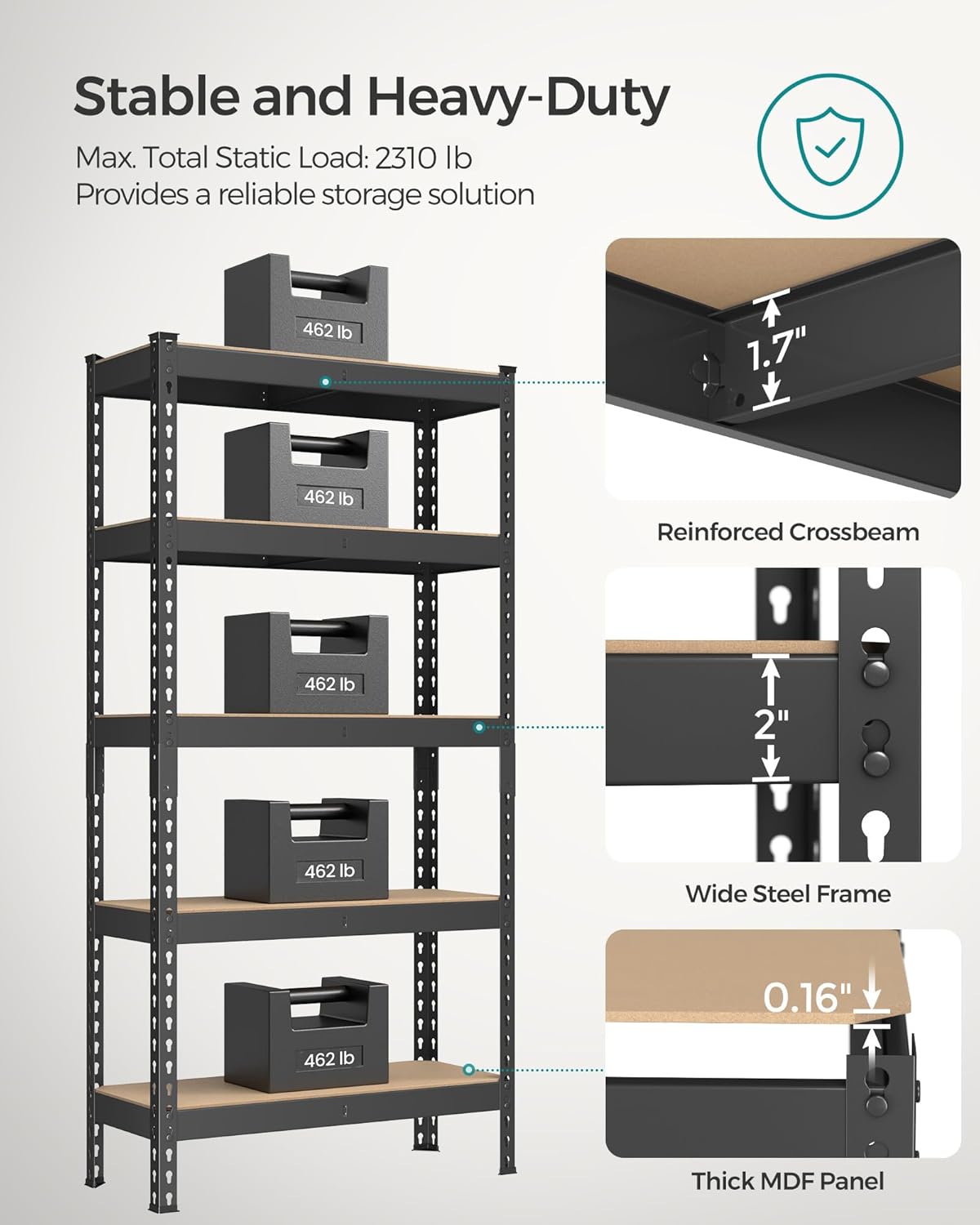 SONGMICS 5-Tier Storage Shelves, Load 2310 lb, Set of 2 Garage Storage, Boltless Assembly, Adjustable Shelving Unit, 11.8 x 29.5 x 59.1 Inches, for Study Shed Basement, Black UGLR300B02