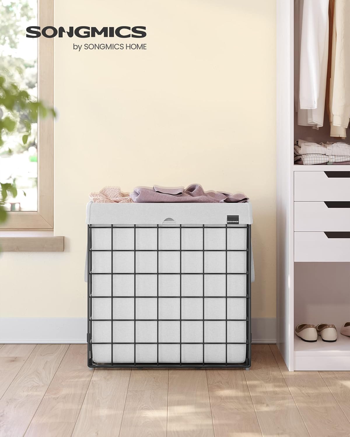 SONGMICS Laundry Hamper, 29 Gal. (110L) Laundry Basket, Collapsible Clothes Hamper, Removable and Washable Liner, Metal Wire Frame, for Bedroom Bathroom, Cream White ULCB111W01