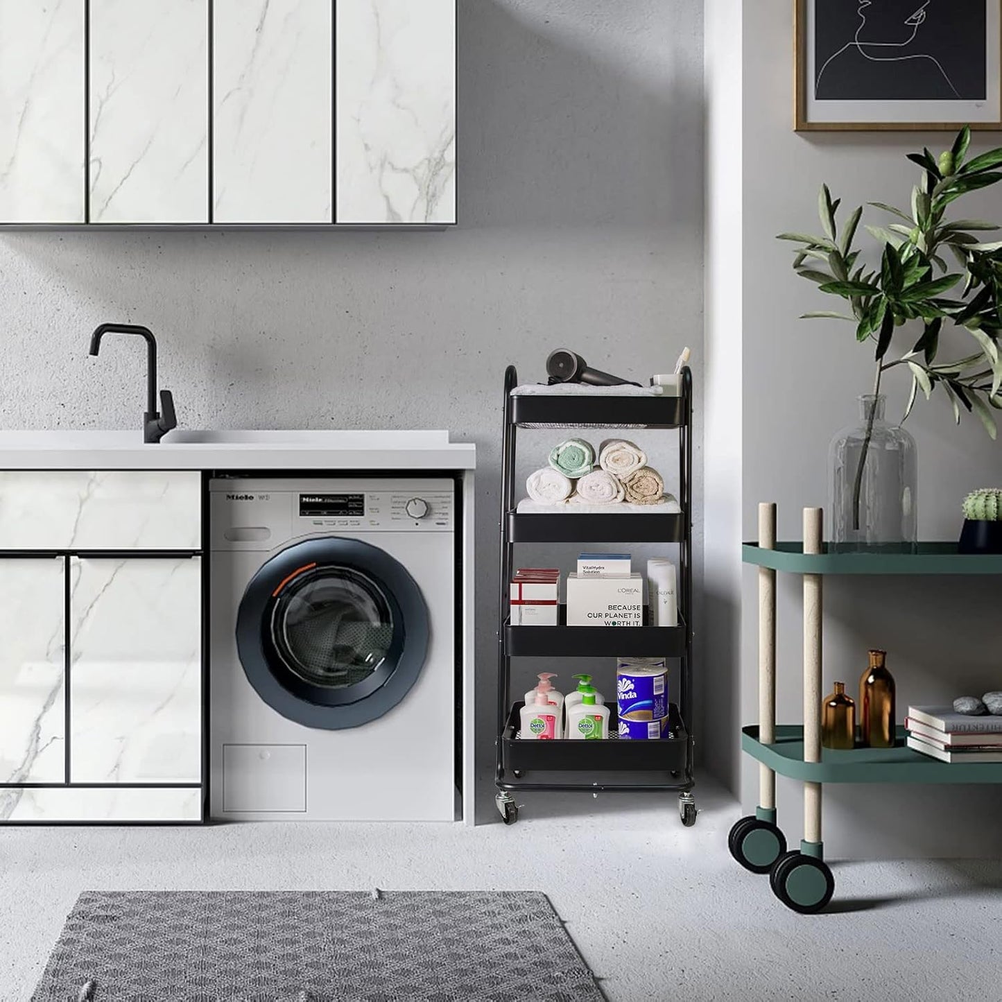 elabo 4-Tier Metal Mesh Utility Rolling Cart, Storage Organizer Trolley Services Cart with Lockable Wheels for Kitchen, Bathroom, Living Room (Black)