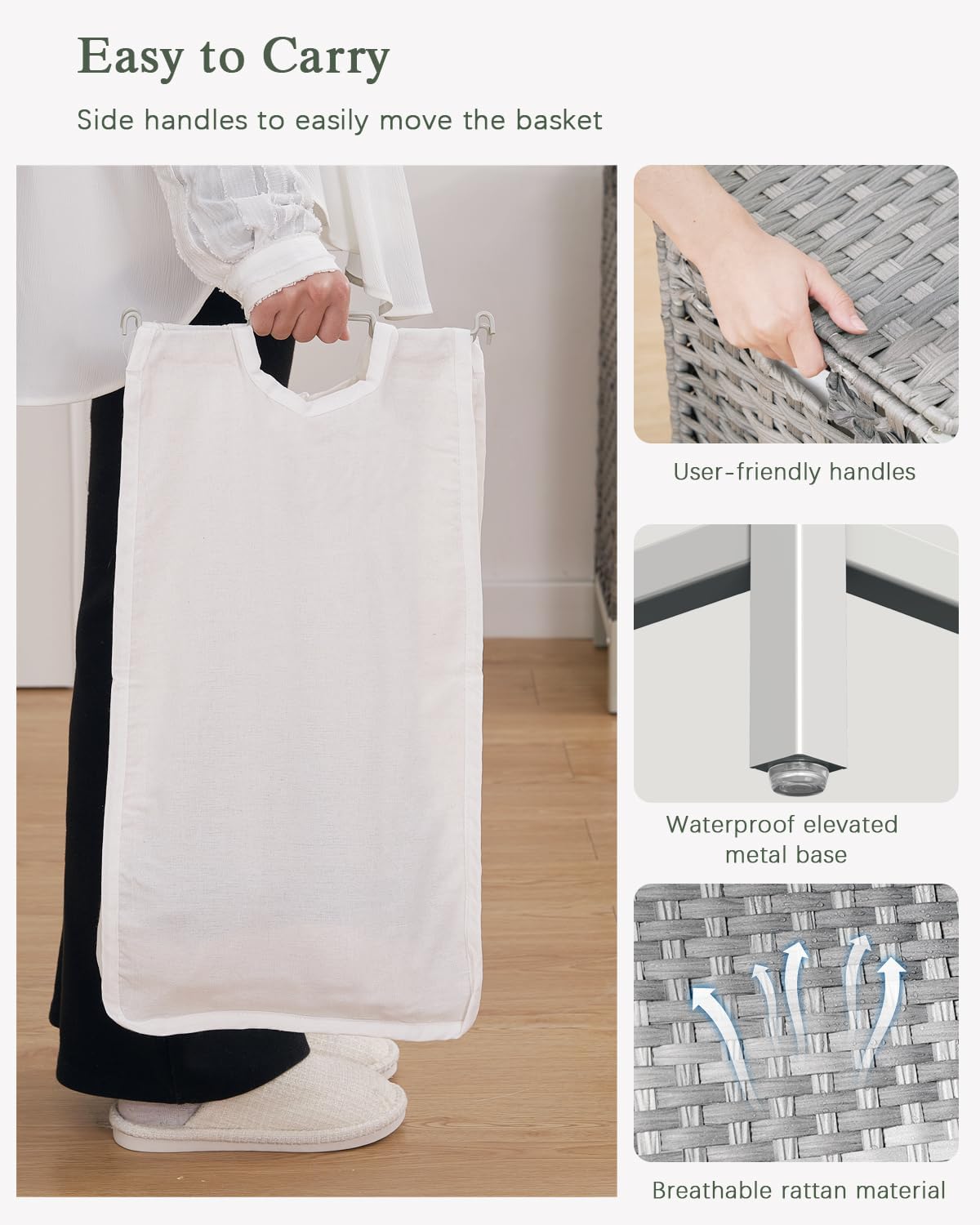 Laundry Hamper with Lid 132 L, (35 Gallons) Clothes Hamper with Lid, Handwoven Rattan Laundry Hamper with Metal Heightened Feet, Laundry Hampers with 3 Removable Liner Bags for Laundry-Gray