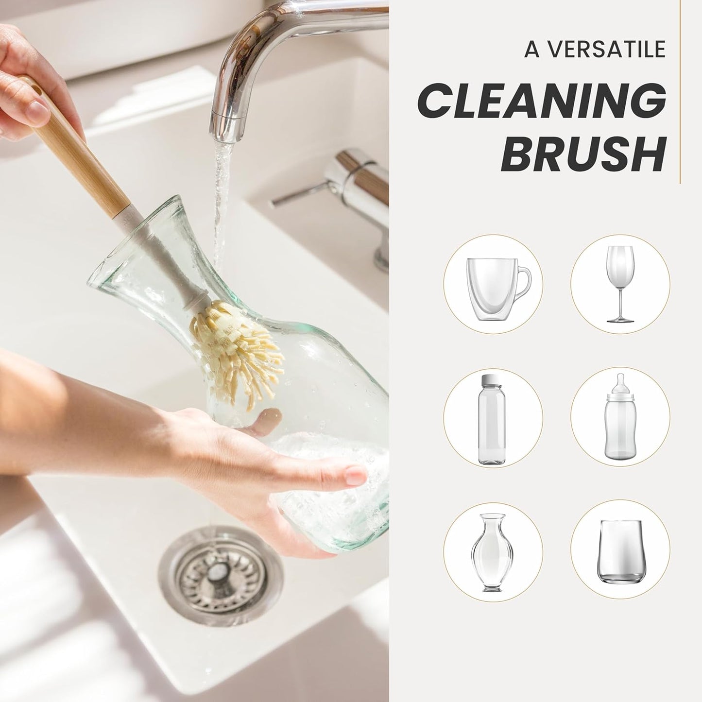 Vigar Zeroline 10.2" Long Bamboo Dish Brush, Ideal Dish Brush for Cups, Wine Glass, Tumbler, Blender Bottles, and Glass Water Bottles for The Kitchen