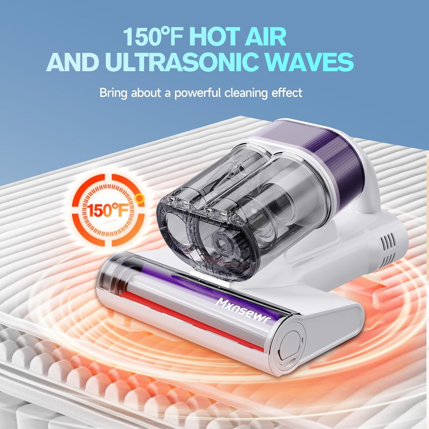 Mattress Vacuum Cleaner, 18Kpa Handheld Bed Vacuum Cleaner with 253.7nm UV-C Light, HEPA Filter & Ultrasoni, 150℉ Heat, Smart Dual Cup, and One-Click ash Removal for Bed, Sofa(White)