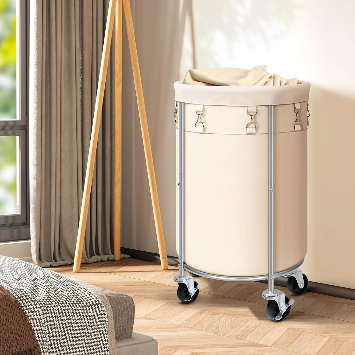 Laundry Hamper with Wheels, 100L Round Rolling Laundry Basket Sorter with Removable Bag, Clothes Cart Organizer with Steel Frame for Bedroom, Bathroom, Laundry Room, Beige