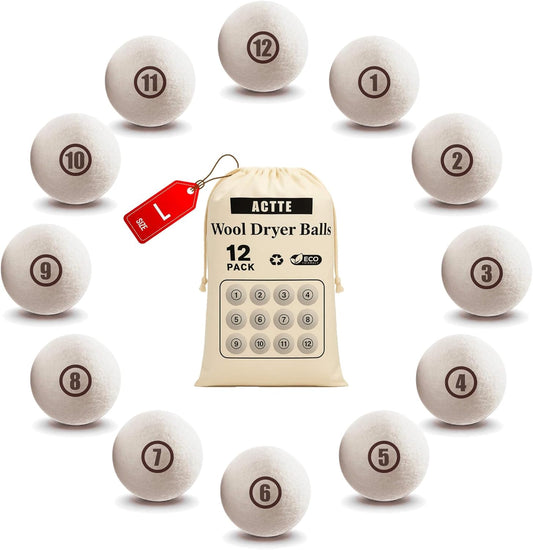 Sheep Wool Dryer Balls 12 Pack L(2.3") Premium Natural Fabric Softener, Reusable Laundry Dryer Balls for Reducing Drying Time, Static and Wrinkles, Eco-Friendly – 100% New Zealand Wool