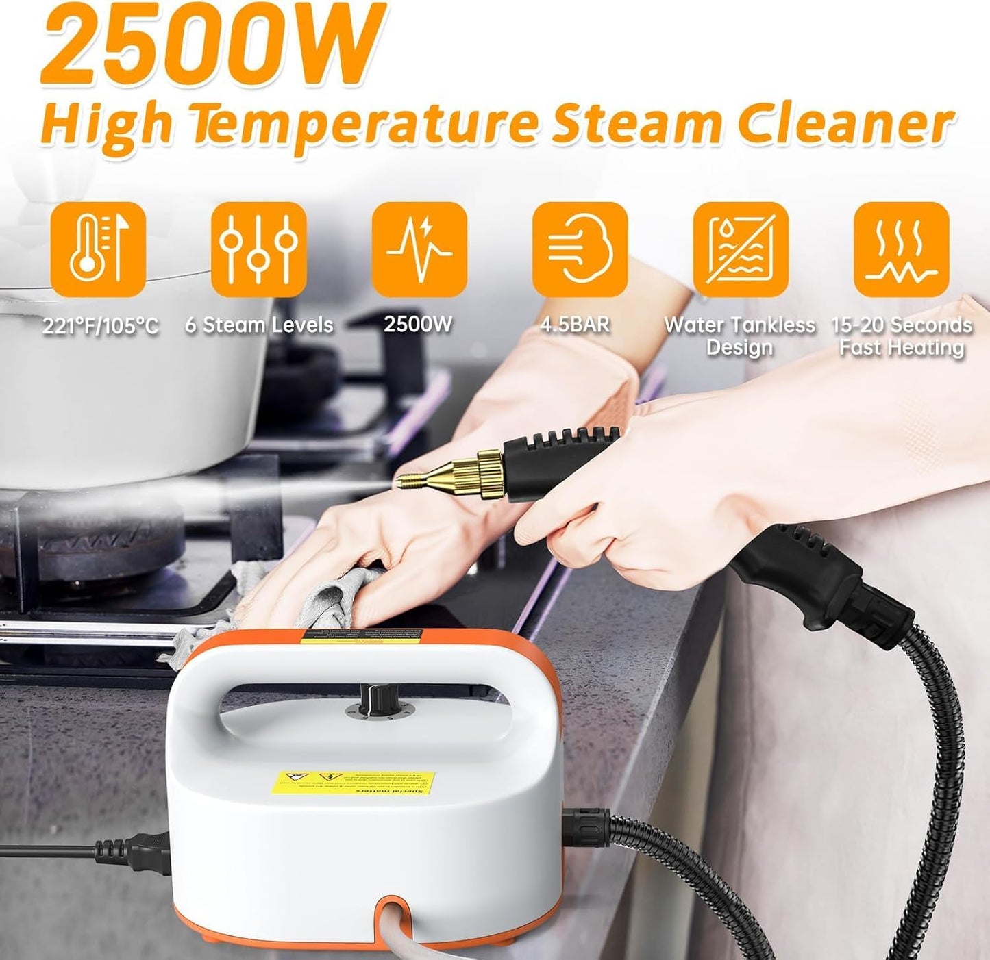 4.5BAR Handheld Steam Cleaner, 2500W Portable Steam Cleaner for Home for Car Kitchen Furniture Floors Cleaning, Tankless Design, 6-Speed Pressurized Steam Machine with 3 Brush Heads, Orange