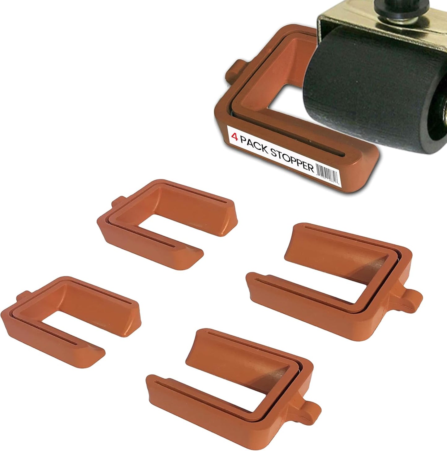 iPrimio No Lift Wheel Stoppers for Rolling Furniture - Bed and Furniture Stopper - Requires No Lifting of Bed - Keeps Bed and Furniture from Sliding Bed Caster Stopper - Solid Rubber (4 Pack, Brown)