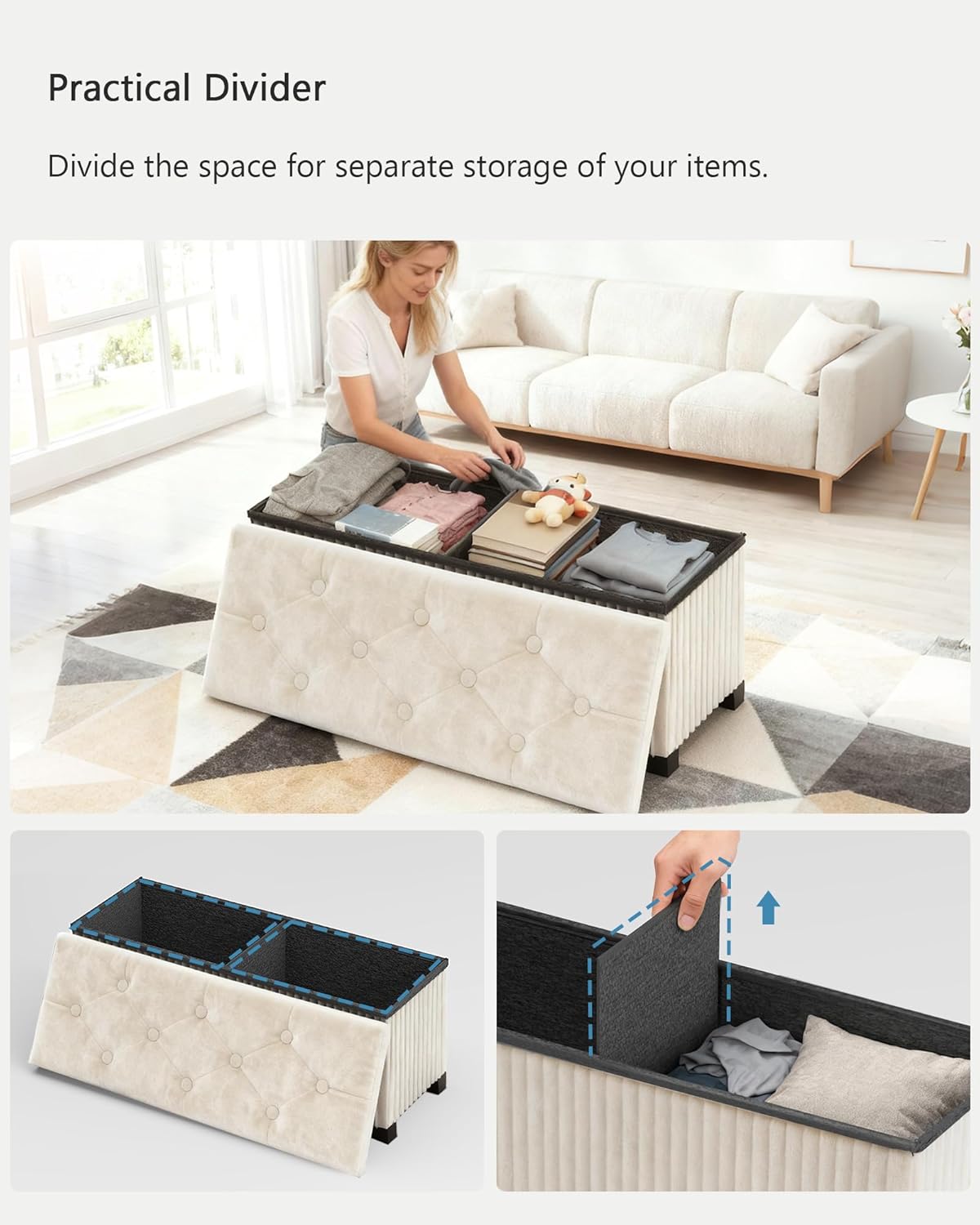 Storage Ottoman Bench, 43 Inch Foldable Ottoman with Legs, Velvet Foot Rest Stool, End of Bed Bench, Storage Chest for Living Room, Bedroom (Beige)