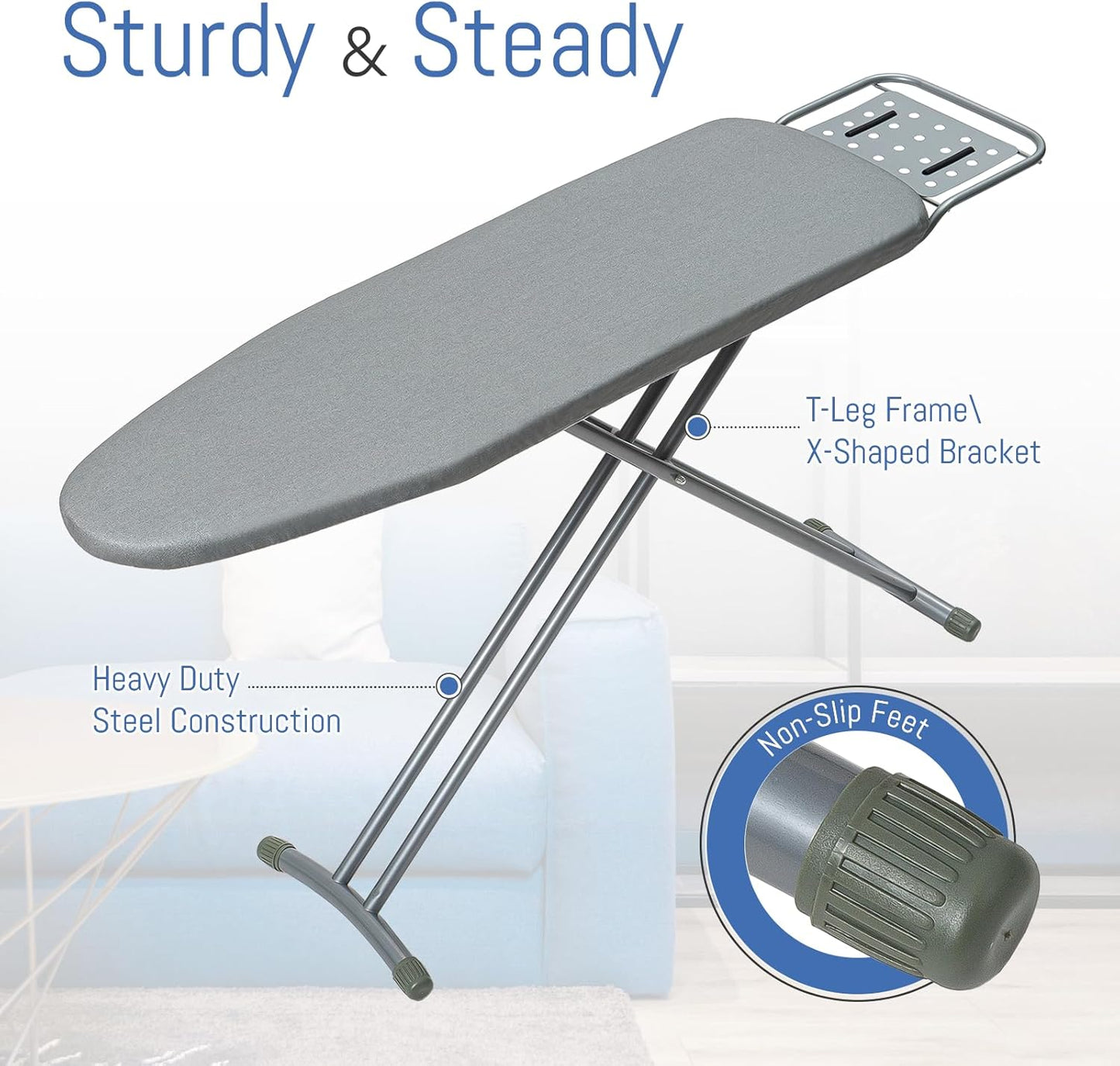 Ironing Board Full Size, BlissBoard 43"x13" Sturdy Heavy Duty Iron Board with Iron Rest, Heat Resistant Cover with Ultra Thick Padding, Height Adjustable, Silver