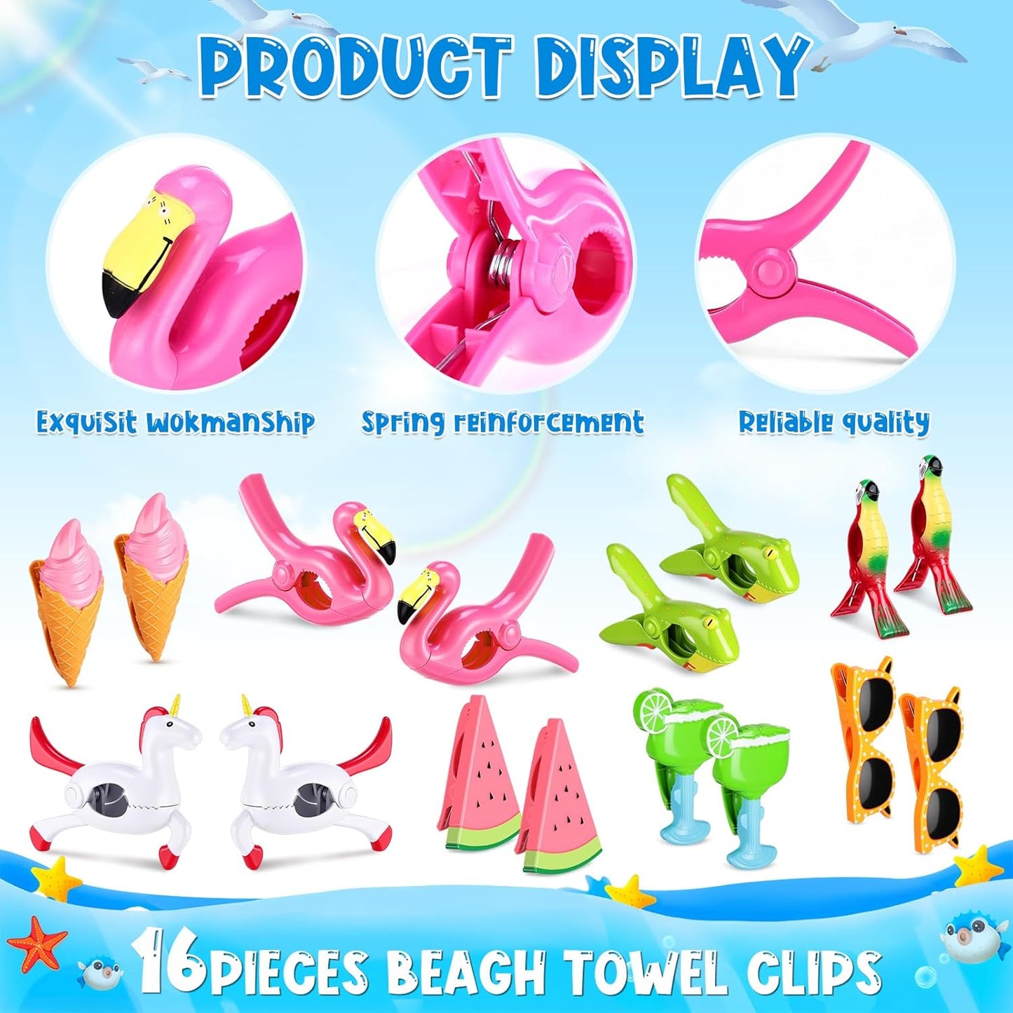 Rtteri 16 Pcs Beach Towel Clips for Beach Chairs Cute Towel Holder Cruise Clothes Pins for Lounge Chair Patio Pool, Assorted Style(Bright)