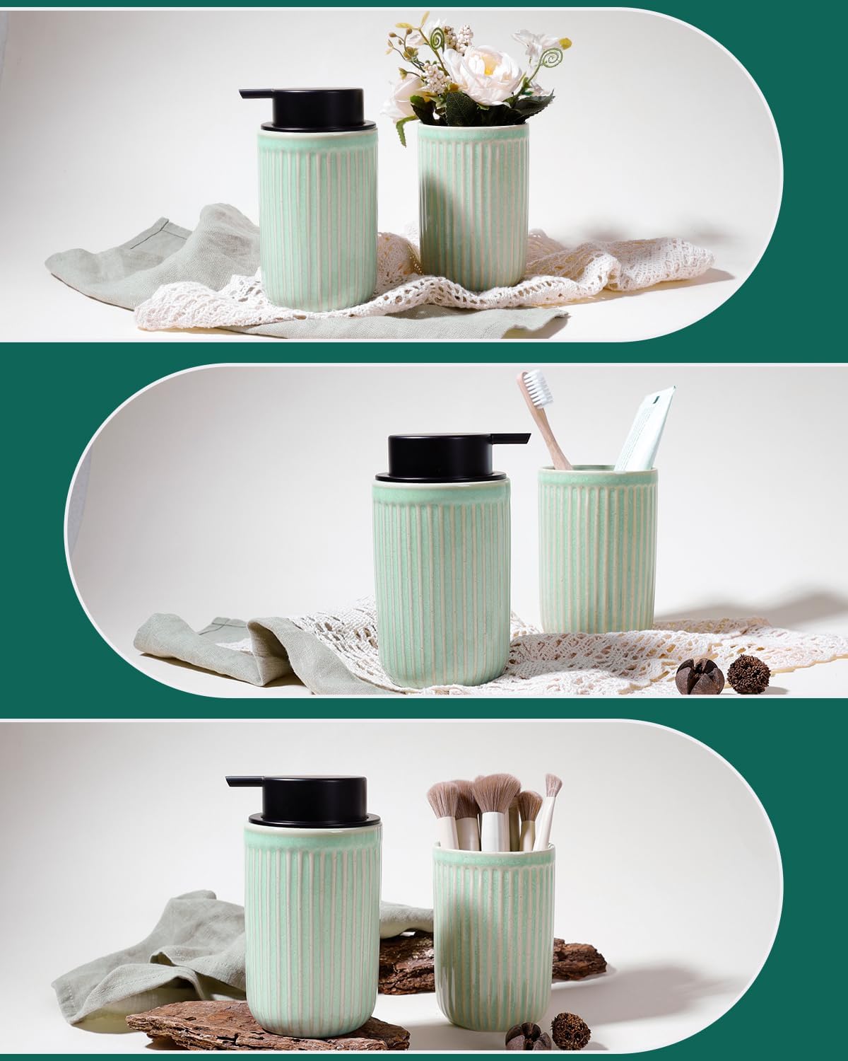 BosilunLife Foam Hand Soap Dispenser - Ceramic Foaming Soap Dispenser for Bathroom 12oz Refillable Liquid Lotion Soap Dispenser with Rust-Proof Foaming Pump for Countertop (Light Green)